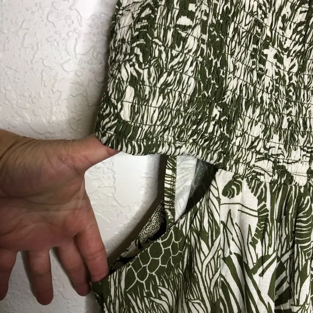 Anthropologie moss green cream safari animal cutout dress size XL Petite NWT